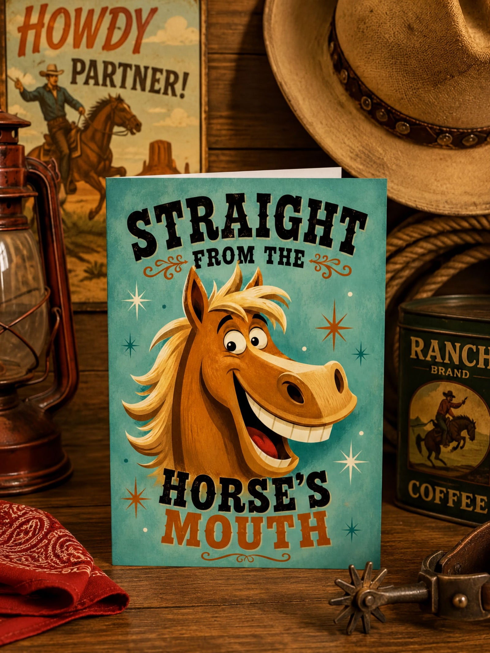 A folded greeting card shown upright on a white background. The card front features a turquoise textured design with the phrase 'STRAIGHT FROM THE HORSE'S MOUTH' in large black and orange lettering and a cartoon-style smiling brown horse head in the center.
