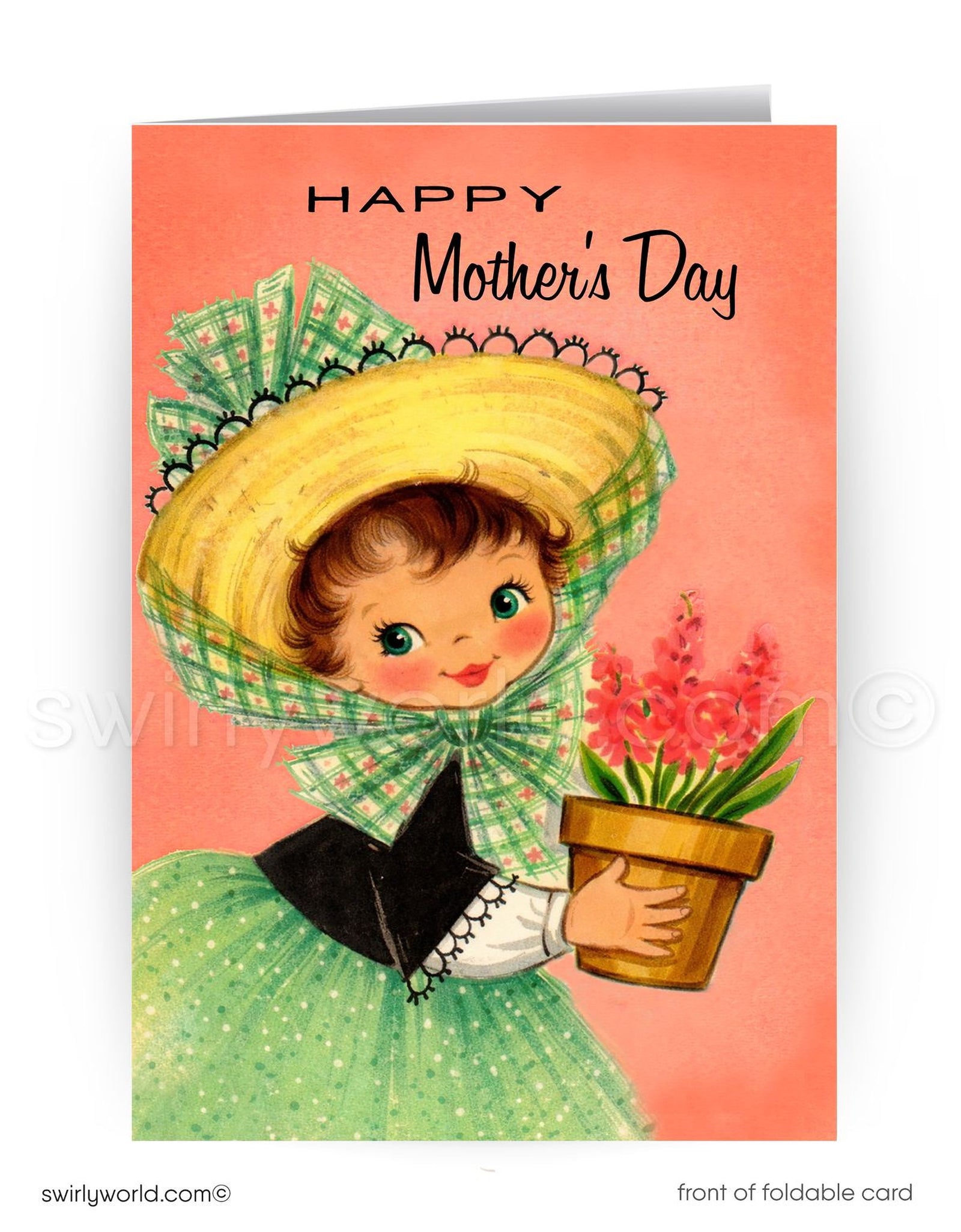 Vintage-style Mother's Day card with a girl holding a flower pot and text 'Happy Mother's Day' on a pink background.