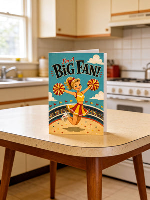 A card featuring a cheerleader character with the text "I'm a Big Fan!" displayed prominently on the front.