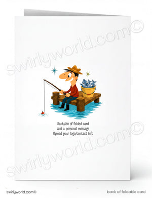 Illustration of a cartoon fisherman on a card with 'swirlyworld.com' branding.