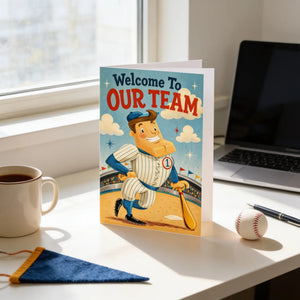 A greeting card with a baseball player illustration and the text "Welcome To Our Team" is displayed on a desk, accompanied by a mug, a pen, and a baseball.