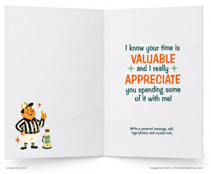 Open card with a cartoon referee and text expressing appreciation.