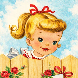 A cheerful young girl with a red bow in her hair peeks over a wooden fence adorned with red roses.