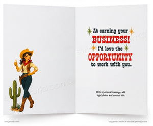 An open greeting card shown front and back. The left side features a cartoon cowboy woman in a yellow hat and boots beside a cactus.
