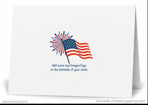 an American flag with a fireworks display in the background, along with a text prompt to add more text, images, or a logo to the backside of the card.