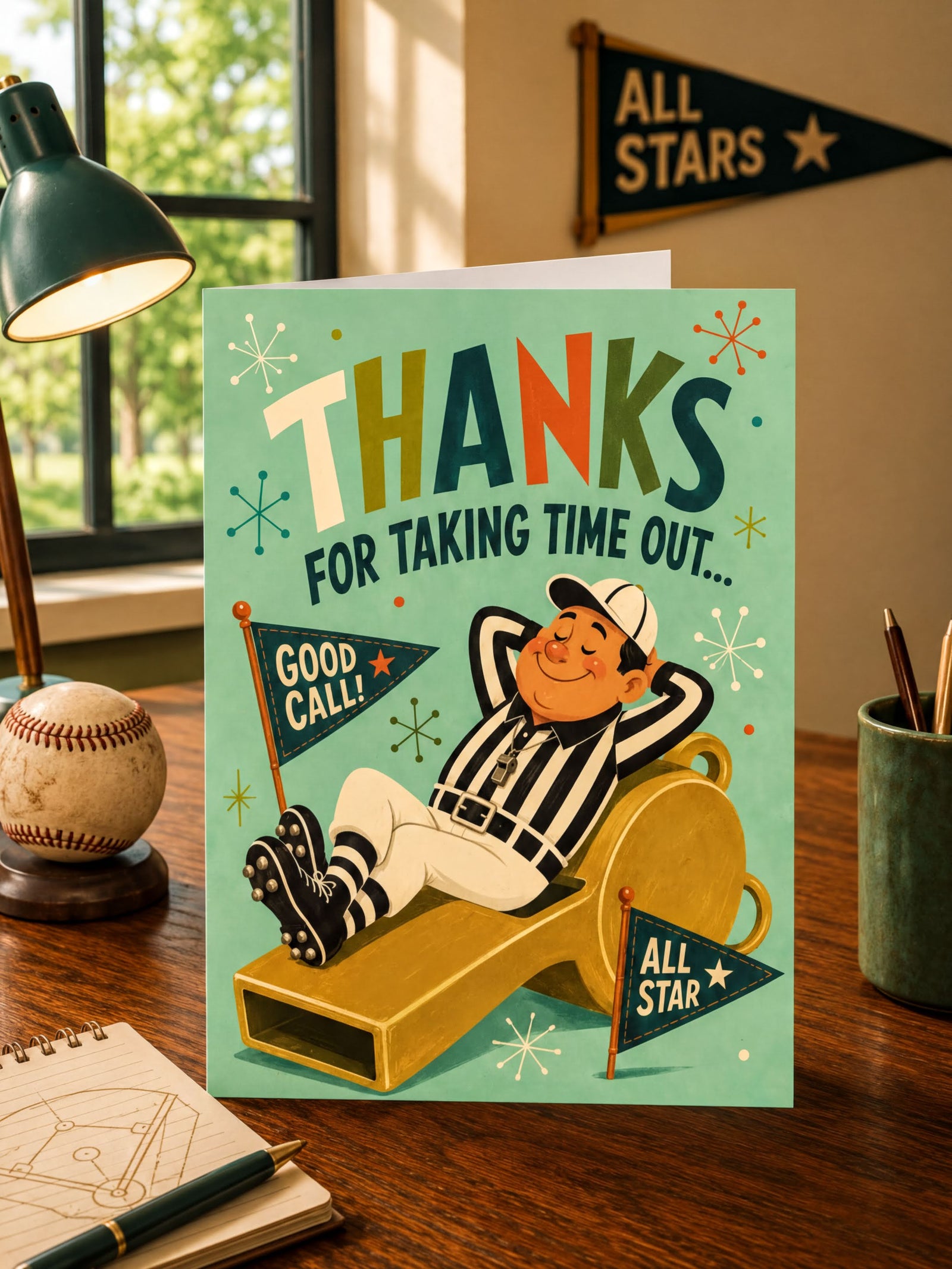 Card with a vintage-style illustration of a referee on a slide, text 'Thanks for taking time out' and 'Good Call! All Star'.