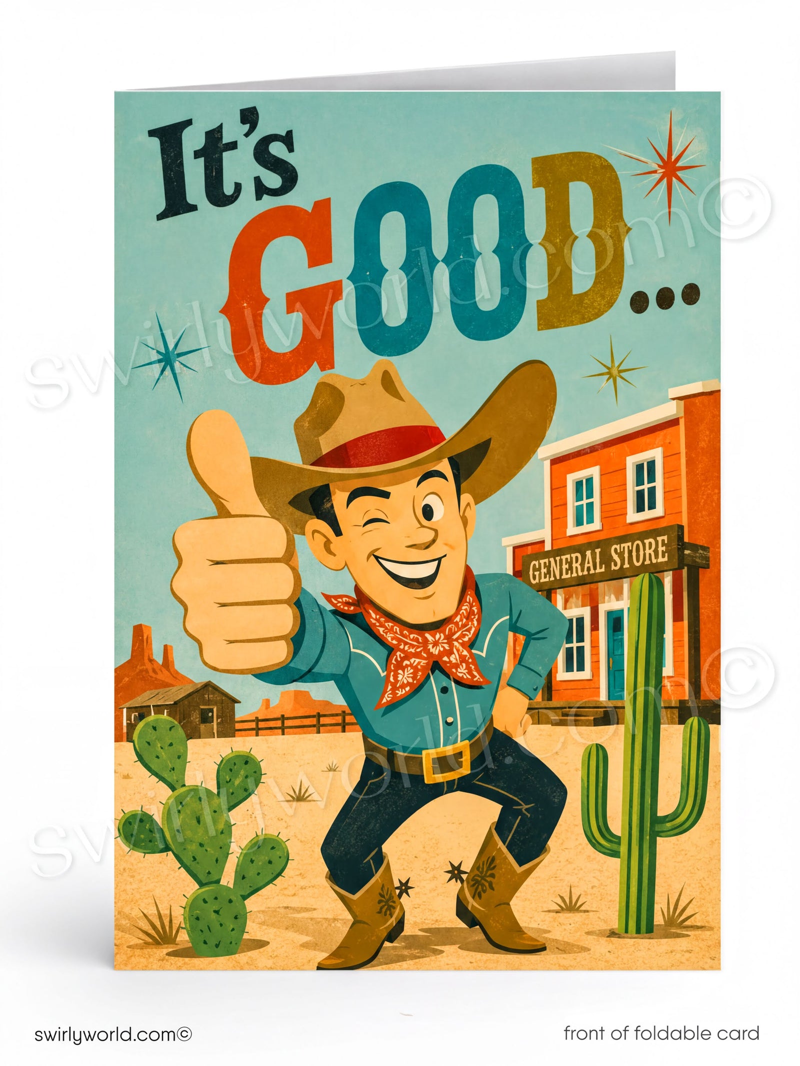 A cartoon cowboy giving a thumbs up in front of a general store, with a cactus and starry sky in the background.
