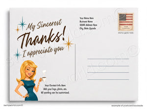 a postcard with a woman holding a cup