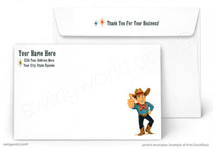 A white envelope with a cartoon cowboy on it, along with a message that says "Thank You For Your Business!"