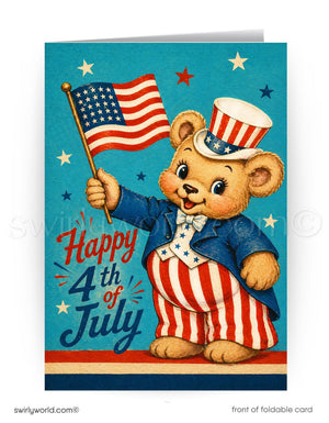 A teddy bear wearing a top hat and striped pants is holding an American flag, with the text "Happy 4th of July" displayed on the card.
