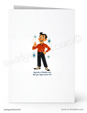 Backside of a folded card with a cartoon character and Swirly World branding.