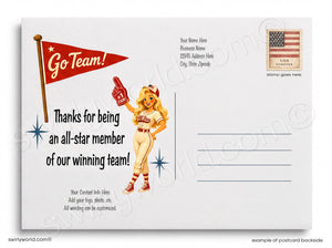 Vintage-style postcard with a mascot holding a 'Go Team!' flag and an American flag, featuring text and space for personalization.