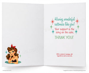 Open card with cartoon character and celebratory text on a white background