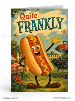The image is a colorful illustration of a hot dog character with a friendly expression, standing in a grassy outdoor setting with a barbecue grill and other picnic items in the background.