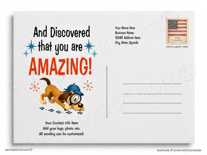 Postcard with a dog illustration and text 'And Discovered that you are AMAZING!' on a white background.