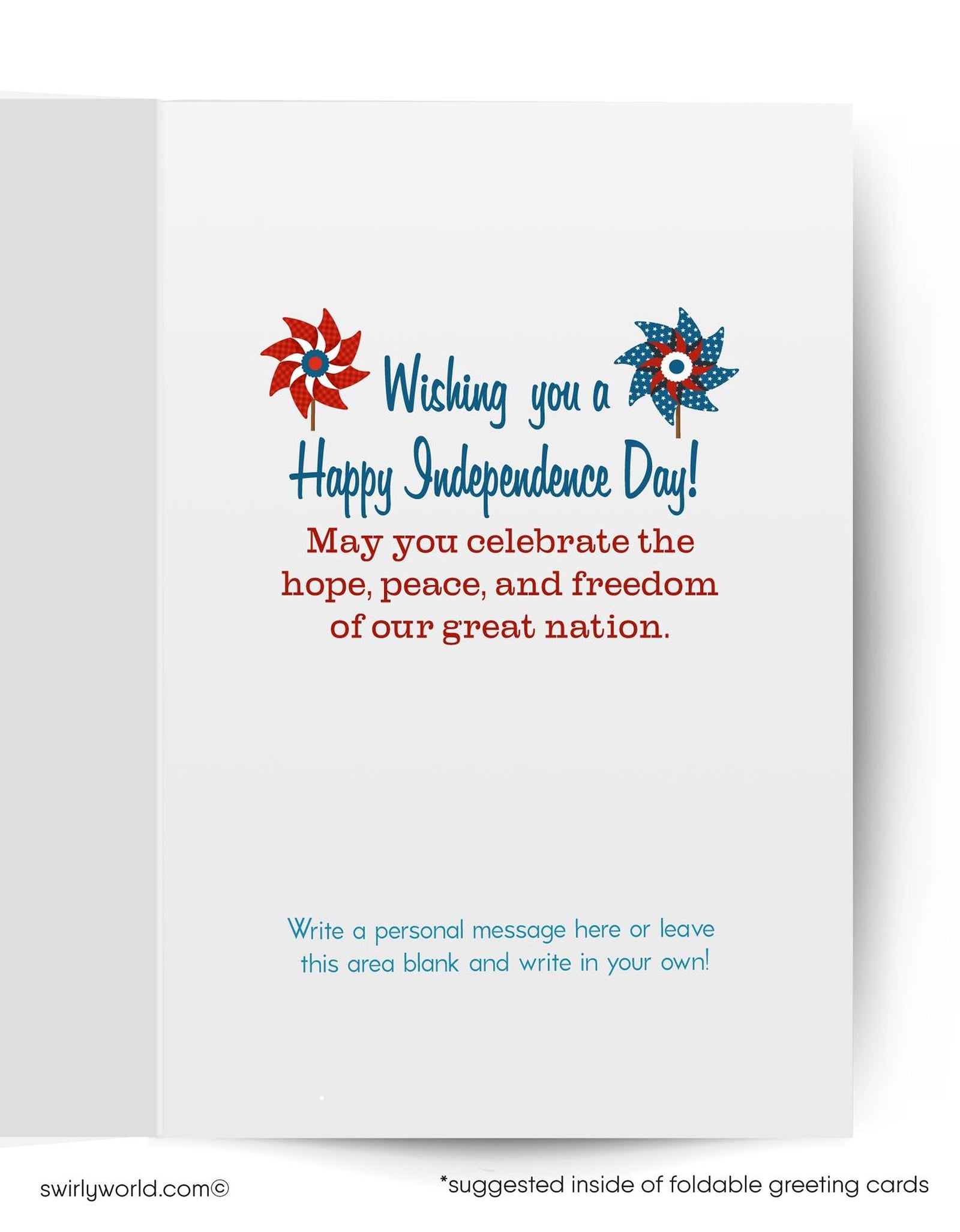 The image is a colorful greeting card celebrating the 4th of July, featuring a variety of pinwheels in patriotic colors of red, white, and blue.