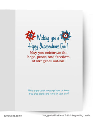The image is a greeting card with a patriotic theme, featuring a red, white, and blue design with a windmill and a peace sign. The card wishes the recipient a Happy Independence Day and encourages them to celebrate the hope, peace, and freedom of our great nation. The card provides a blank space for the recipient to write a personal message.