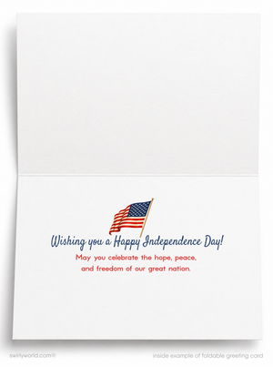 The image is a blank greeting card with an American flag and a message wishing someone a Happy Independence Day.