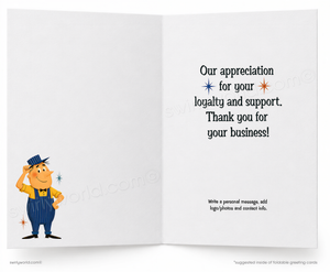 An open greeting card with a white background, featuring a cartoon worker in blue overalls and a yellow shirt on the left panel and a message of appreciation on the right panel.