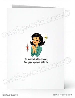A folded greeting card shown front and back on a white background. The front features a retro-style illustration of a smiling woman with dark hair, a teal top, and small star accents, with placeholder text reading 'Backside of foldable card' and 'Add your logo/contact info.