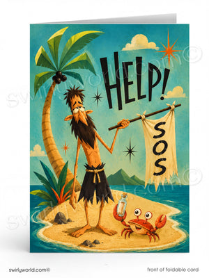 A folded greeting card shown front-on against a white background. The card features a colorful cartoon illustration of a caveman on a tropical island holding a banner that says SOS, with a crab and palm tree in the scene.