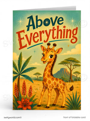 A folded greeting card shown front-on against a white background. The card features a retro-style illustrated giraffe in a savanna scene with the text 'Above Everything' in large decorative lettering.