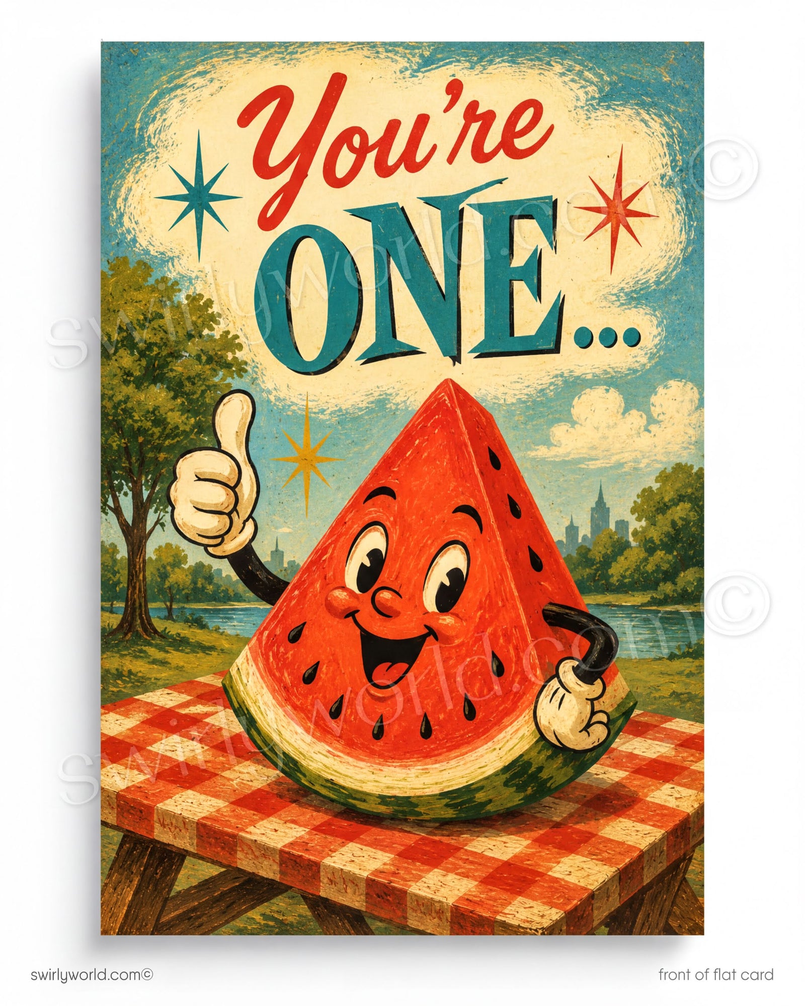 Cartoon watermelon character with text 'You're ONE...' on a vintage-style background
