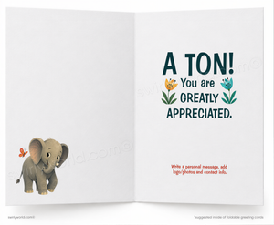 Open card with an elephant illustration and text on a white background