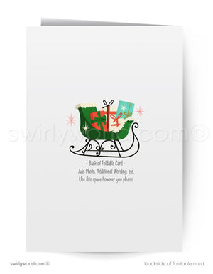 Backside of a foldable card with a Christmas design featuring a sleigh and presents.