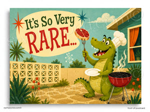 A green alligator wearing a chef's hat is grilling a steak on a red barbecue grill, surrounded by a tropical garden and a house with a palm tree.