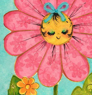 A whimsical illustration of a flower with a smiling face, surrounded by other flowers and leaves in a vibrant color palette.