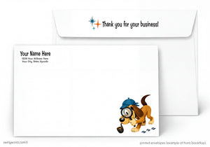 A white envelope with a cartoon image of a dog wearing a blue hat and glasses, along with a message that says "Thank you for your business!"