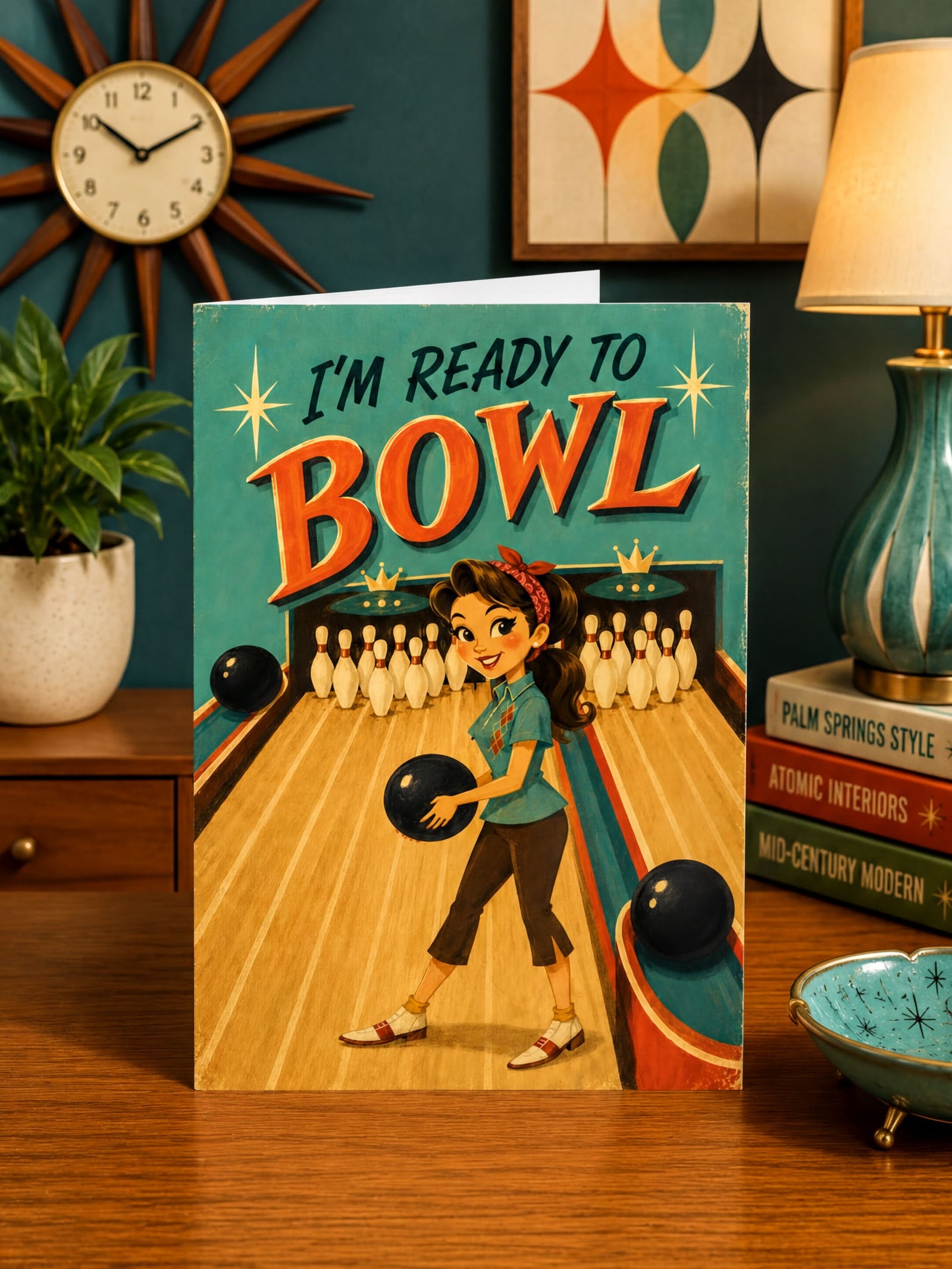 Vintage-style greeting card with a woman ready to bowl, featuring the text 'I'm Ready to Bowl'.