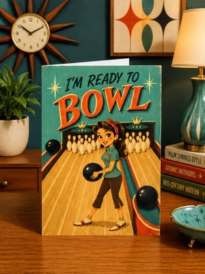 a vintage-style illustration of a young girl playing bowling, with a bowling ball and pins in the background.