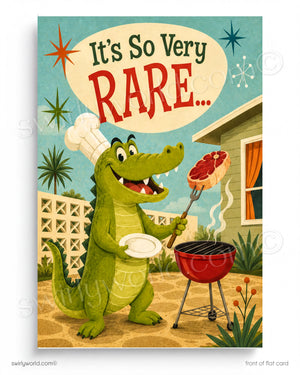 A green alligator wearing a chef's hat is grilling a steak on a red barbecue grill, with a speech bubble above the alligator that says "It's So Very Rare...".