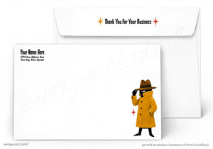 A white printed envelope set shown on a light gray background. The front envelope has placeholder text on the left and a small illustrated figure in a yellow coat and brown hat on the lower right, with the back envelope showing 'Thank You For Your Business' at the top.