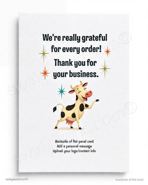 a cow with a smiling face, surrounded by colorful stars. The text on the image reads, "We're really grateful for every order! Thank you for your business."