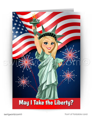 A cartoon illustration of the Statue of Liberty with a smiling blonde woman holding the torch, set against a background of the American flag and fireworks. The text at the bottom of the image reads "May I Take the Liberty?".