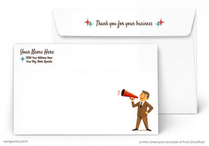 A white envelope with a cartoon illustration of a man using a megaphone. The envelope has a message that says "Thank you for your business" and a space for the recipient's name and address.