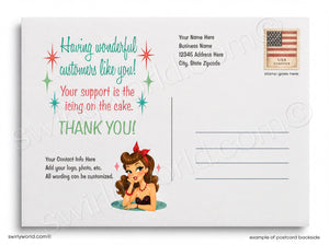 Postcard with cartoon character and text on a white background