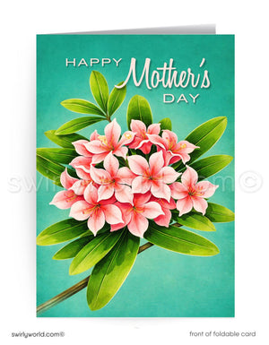 Vintage 1940s-50s Mother's Day card with pink flowers and green leaves on a teal background