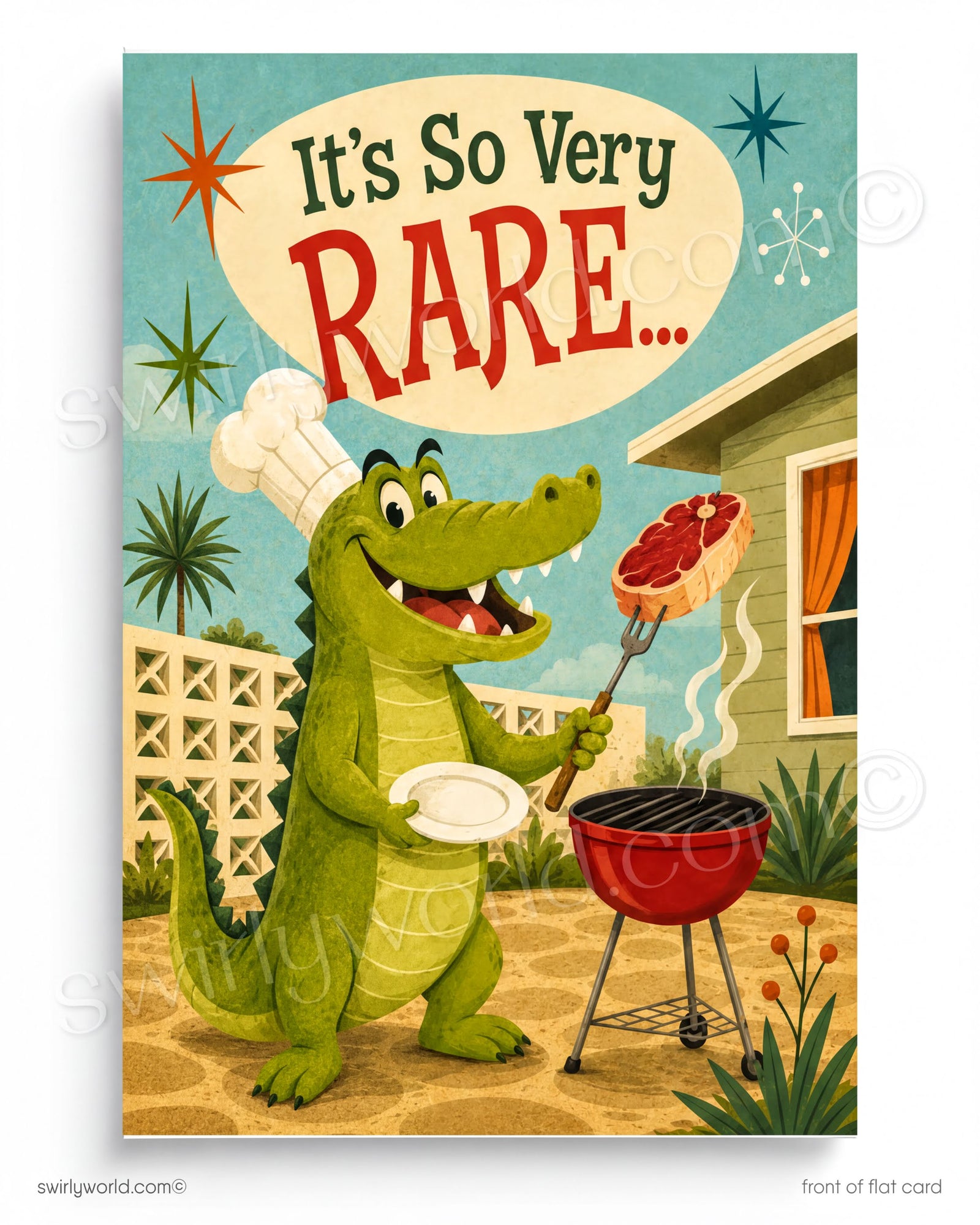 A green alligator wearing a chef's hat is grilling a steak on a red barbecue grill, with a speech bubble above the alligator saying "It's So Very Rare..."
