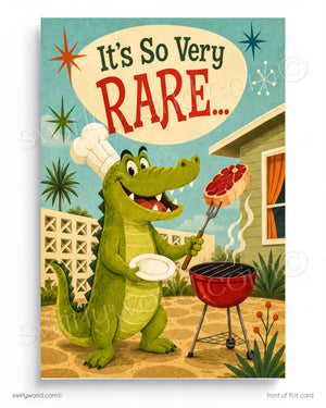A green alligator wearing a chef's hat is grilling a steak on a red barbecue grill, with a speech bubble above the alligator saying "It's So Very Rare..."
