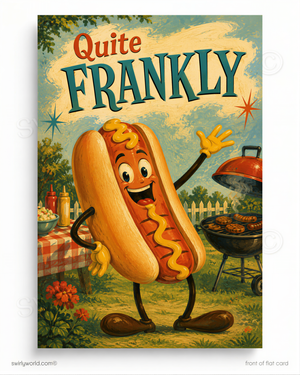 A cartoon hot dog character with a friendly expression is standing in a grassy field, with a barbecue grill and other outdoor elements in the background.