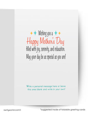 The image is a greeting card with a message for Mother's Day. It features a colorful design with stars and text that reads "Wishing you a Happy Mother's Day filled with joy, serenity, and relaxation. May your day be as special as you are!" The card provides a blank space for the recipient to write a personal message.