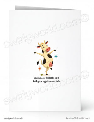 A folded greeting card shown front and back on a white background. The front features a cartoon cow illustration, and the back has placeholder text reading 'Backside of foldable card' and 'Add your logo/contact info'.