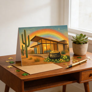 A greeting card depicting a desert house with a rainbow in the background, surrounded by cacti and other desert-themed elements, sits on a wooden table with a pen and shamrocks nearby.