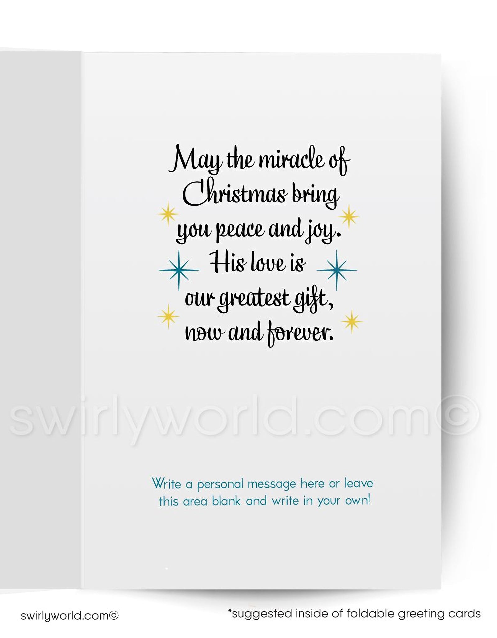 Christmas card with nativity scene in a snowy landscape with trees and animals.