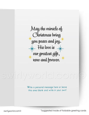 a Christmas-themed message that reads: "May the miracle of Christmas bring you peace and joy. His love is our greatest gift, now and forever." The message is written in a decorative font and includes stars and a ribbon. The text is blank, suggesting that the user can write a personal message in the provided area.