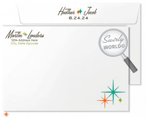 This elegant & swanky 1960s mid-century modern wedding invitation and RSVP card digital download features a chic MCM retro mod Palm Springs aesthetic with atomic-inspired colors and starbursts.